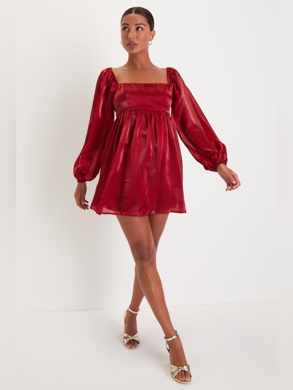 NWT Lulus | Upscale Stunner Wine Red Organza Babydoll Mini Dress, L